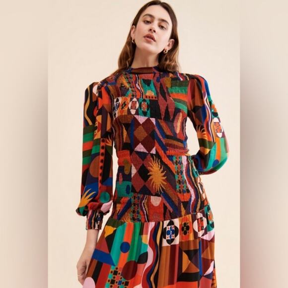 Farm Rio women's Large tropical shades smocked long sleeve maxi dress multicolor - Picture 1 of 16